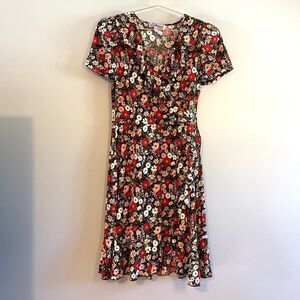 VTG By Design Red/Pink/Black Floral Puff Sleeve Surplice Faux Wrap Midi Dress, M